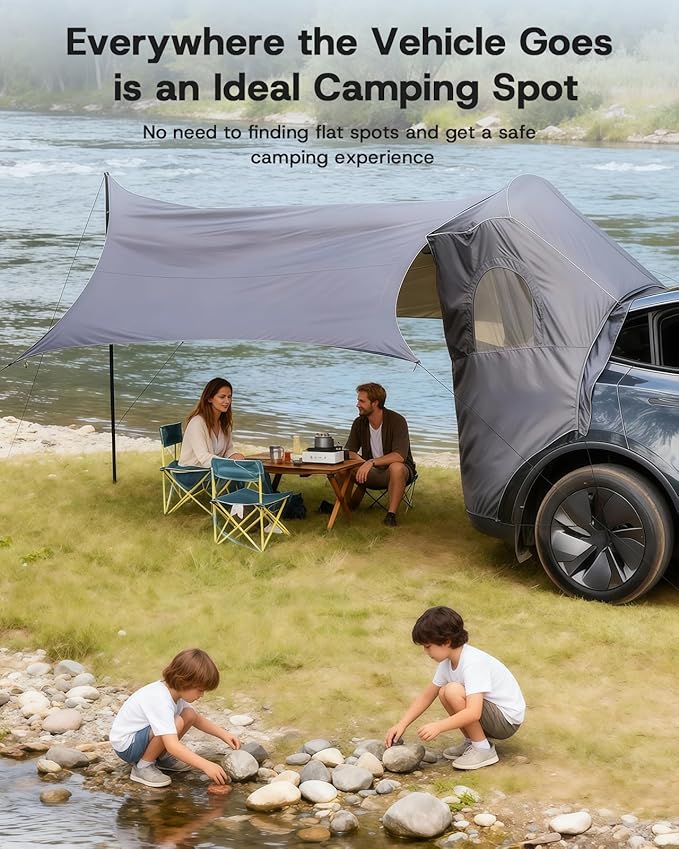 Camping Tent with Canopy for Tesla Model Y Juniper Accessories 2025 2026 [UPF50+ &amp Waterproof PU 3000mm] 420D Oxford Fabric Car Tailgate Shade Awning with Screen Net for 7-8 Person - Grey