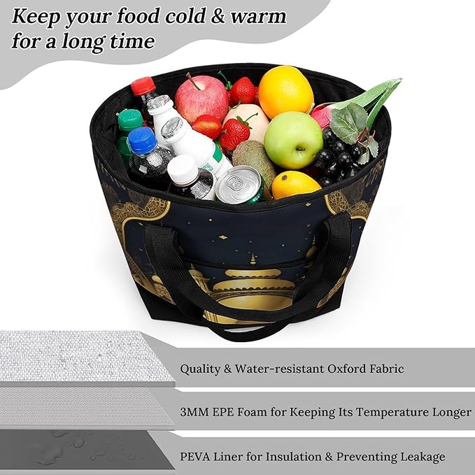 Insulated Shopping BagLarge Reusable Cooler Bags Eid Golden Mosque Printed Foldable Shopping BagTravel Waterproof Shoulder Bag