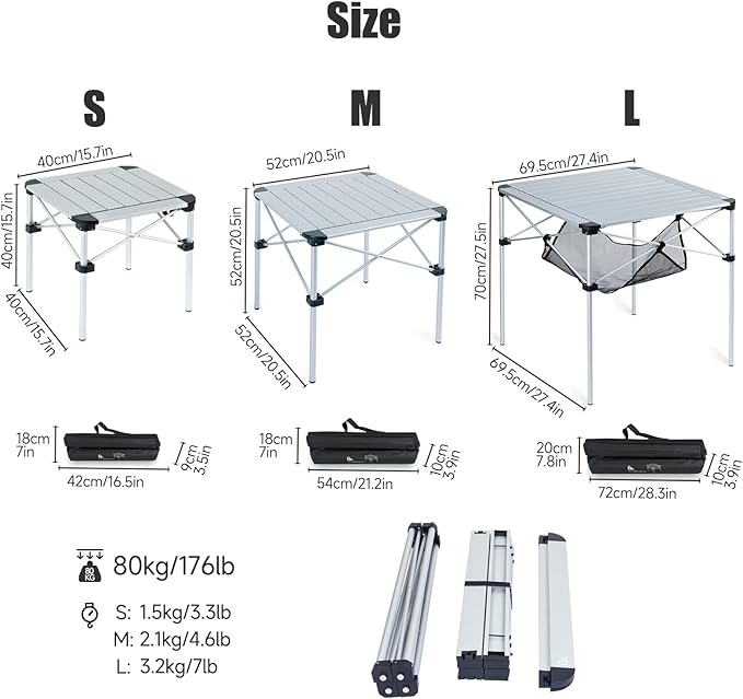iClimb Lightweight Stable Alu. Folding Square Table Roll Up Top with Carry Bag for Camping Picnic Backyards BBQ Camp Kitchen (Nature L)