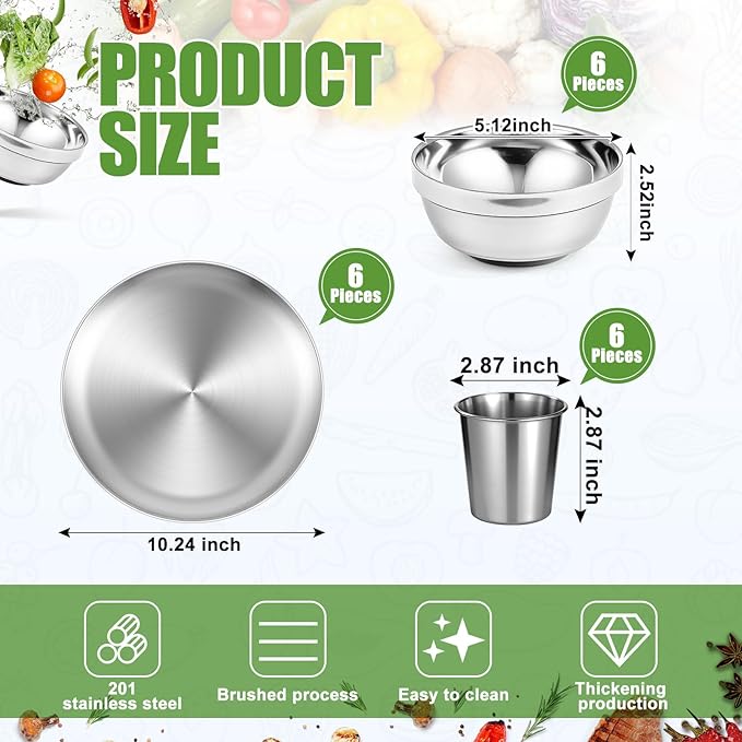 Sunnyray 6 Sets Stainless Steel Plates Bowls and Cups Metal Camping Stainless Steel Dinnerware for Serving Reusable Double Walled Insulated Plates Bowls and Cups for Rice Ice Cream