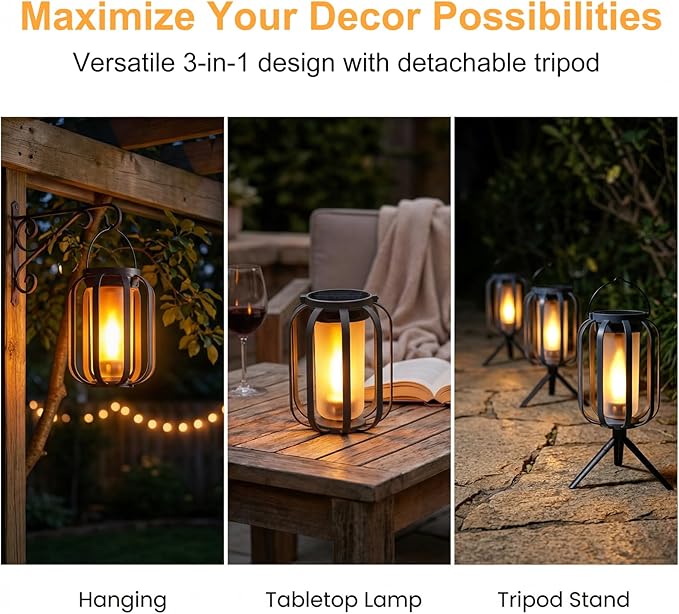 Solar Lanterns Outdoor Waterproof Garden Decor Flickering Flame Hanging Solar Lights with Tripod Decoration Outside for Yard Patio Backyard Garden Ideal Gifts for Women Mom Grandma