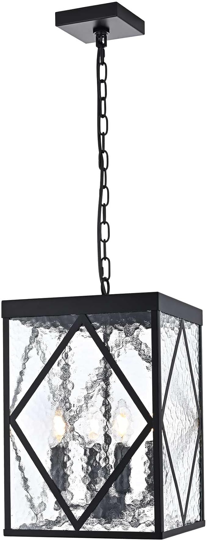 Outdoor Pendant Light with Water Ripple Glass 4-Light Exterior Hanging Porch Light Large Lantern Pendant Light Waterproof Black Outside Chandelier for House Front Door Patio Entrance