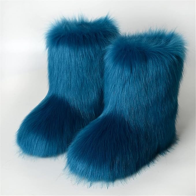 Womens Furry Faux Fur Booties Winter Warm Snow Ankle Boots Fuzzy Fluffy Furry Mid Calf Boots Outdoor Comfy Flat Shoes