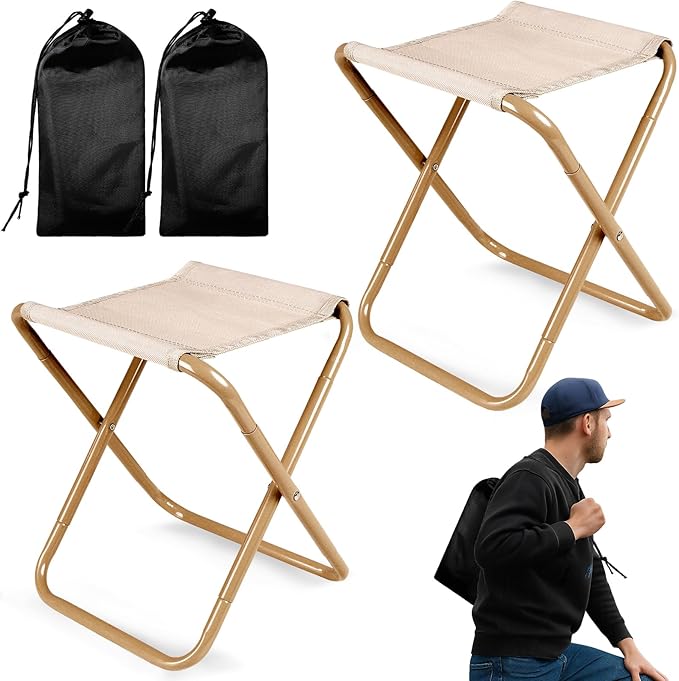 Camping Stool2-Pack Portable Folding Stool with Carry Bag 12in Portable Folding Chair Collapsible Camp Stool Outdoor Footstool for Travel Walking Hiking Fishing Picnic (Khaki(2-Pack))