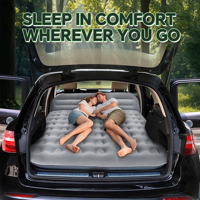 SUV Air MattressThickened Flocked Camping Bed for CarIncludes Electric Pump &amp 2 Foot PedalsPortable Inflatable car Mattress (Gray)