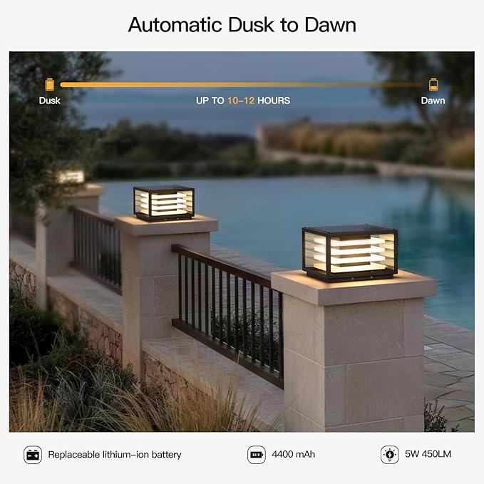 11.8'' Solar Post Lights Outdoor Glass Solar Pillar Lights Outdoor IP54 Waterproof Square Large Column Light Dusk to Dawn 3000K LED Column Lamp Modern Pillar Light Fixture for Entrance Posts