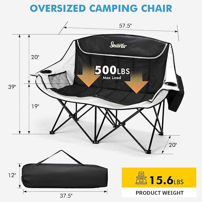 Double Camping Chair for Adults Outdoor Folding Chair with 2 Cooler Bags Support 500lbs Heavy Duty Camp Chair for Outdoor Sports Beach - Black&ampGrey