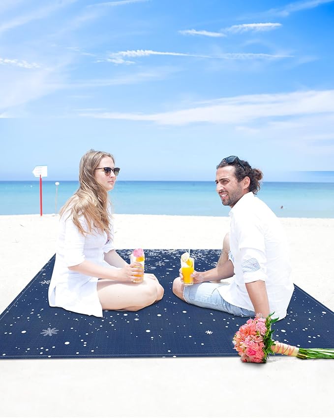 Beach Blanket Waterproof Sandproof OversizedMerry Christmas Winter Snowflakes Seamless Beach Mat with Corner Stakes Sand PocketsWhite Snowflake Blue Back Outdoor Picnic Mat for Travel 83x79In
