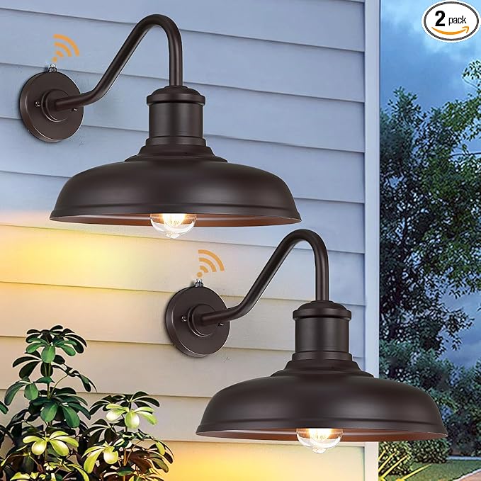 13.8'' Large Dusk to Dawn Outdoor Gooseneck Barn Light 2-Pack Outdoor Wall Sconce Farmhouse Exterior Light Wall Lighting Fixture Industrial Lantern for Porch Entryway Garage Brown