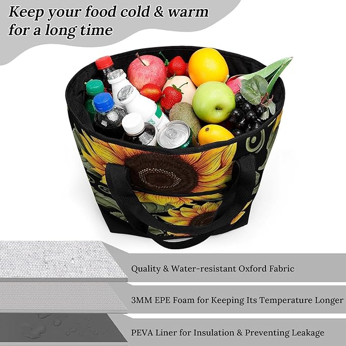 Insulated Shopping BagLarge Reusable Cooler Bags Floral Sunflower Printed Foldable Shopping BagTravel Waterproof Shoulder Bag