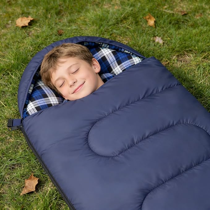 Uniqwamer Kids Sleeping Bag for Girls Boys - 4 Seasons Cold &amp Warm Weather Flannel Camping Sleeping Bags Lightweight &amp Waterproof 45°F Sleeping Bag for Camping Hiking Outdoor Travel