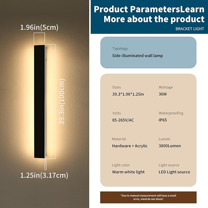 Modern Outdoor Wall Light 39inch Exterior Wall Sconces 3000K Warm White Light Black Minimalist Style White Acrylic Panel IP65 Long Garage Lighting Fixtures for Gardens Front Porch