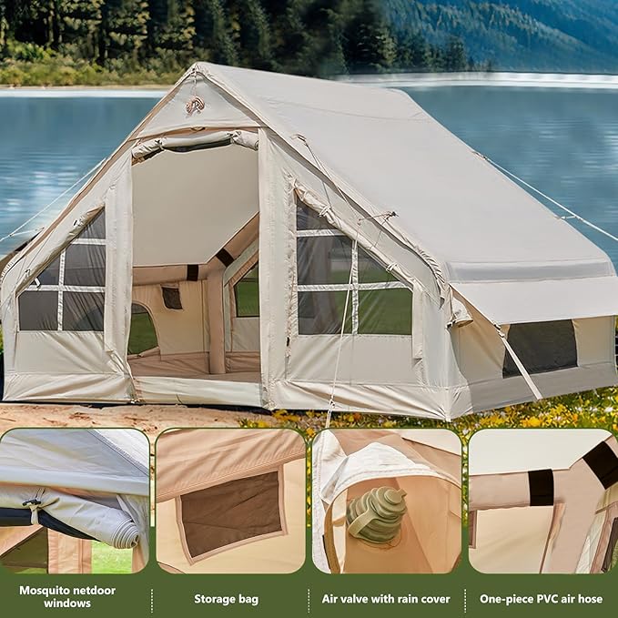 Inflatable Tents for Camping with Stove Jack 2/4/6/8 Person Easy Setup Blow Up Tents for 4 Seasons Waterproof Inflatable Camping Tent with Awning Air House Glamping Tents for Camping Adult