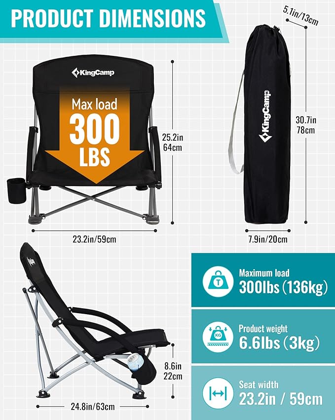 KingCamp Low Beach Chair High Back Folding Camping Chair for Adults Oversized Breathable Mesh Seat 300lbs Heavy Duty Portable Chair with Cup Holder &amp Storage Pockets for Beach Outdoor