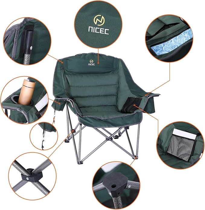 Nice C Camping Chairs Oversized XL Padded Camping Chair Outdoor Chair Lawn Chairs Lounge Chair Wide&ampThick Heavy Duty 400lb Carry Bag Cupholder &amp Cooler (Two Green)