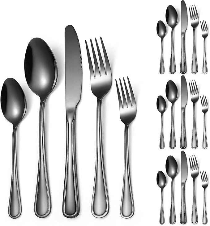 20 Pieces Black Flatware Set for 4 Silverware Stainless Steel Cutlery Luxury Forks Knives Spoons Modern Eating Utensils Double Line Edges Handle
