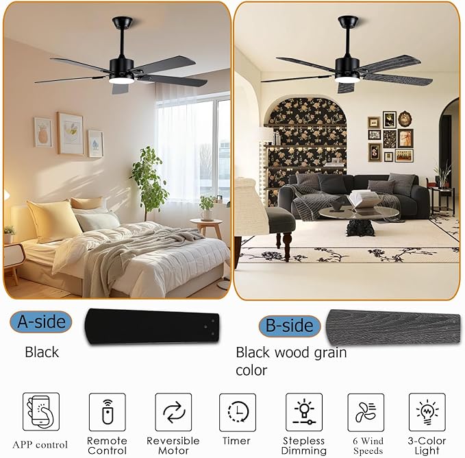52 inch Modern Ceiling Fans with Lights APP/Remote Control Low Profile Reversible 6 Speeds Ceiling Fan Light for Indoor/Outdoor Patio Bedroom Living RoomBlack