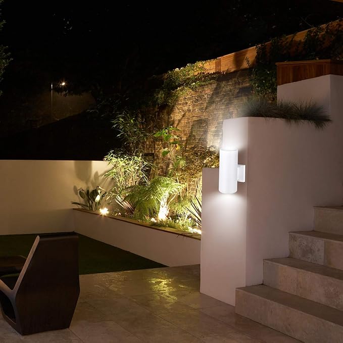 Outdoor Wall Sconce Exterior Lighting with Dusk to Dawn Sensor - 2 Light Bulbs Included Aluminum Waterproof Wall Mount Cylinder Design - Up Down Light Fixture for Porch Garage and Patio