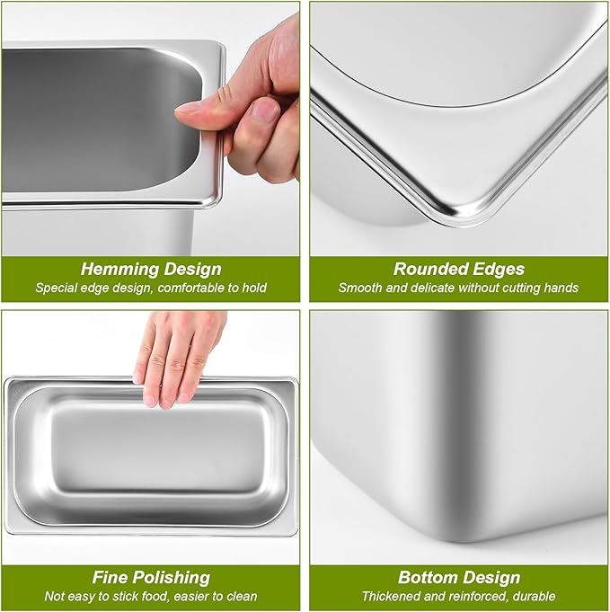 1/4 8 Pack Stainless Steam Hotel Pans with Lids 6 Deep 1.2 mm Thick Stainless Steel Jam Steam Pan Catering Storage Metal Food Pan for Restaurant Hotel Party