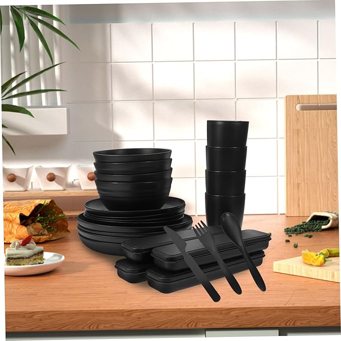 Alipis 28-Piece Black Dinnerware Set Portable Camping Cutlery with Bowls Plates Cups and Utensils Travel Tableware for Picnics and Outdoor Use
