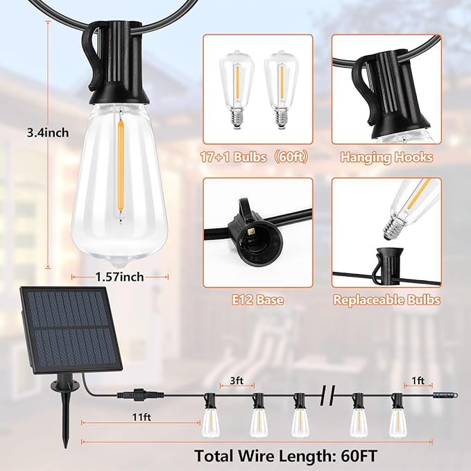 Bosceos Solar Outdoor String Lights Waterproof 60FT Solar Powered String Lights for Outside with Shatterproof Bulbs Dimmable ST38 LED Lights String Patio Hanging Lights for Backyard Garden Party