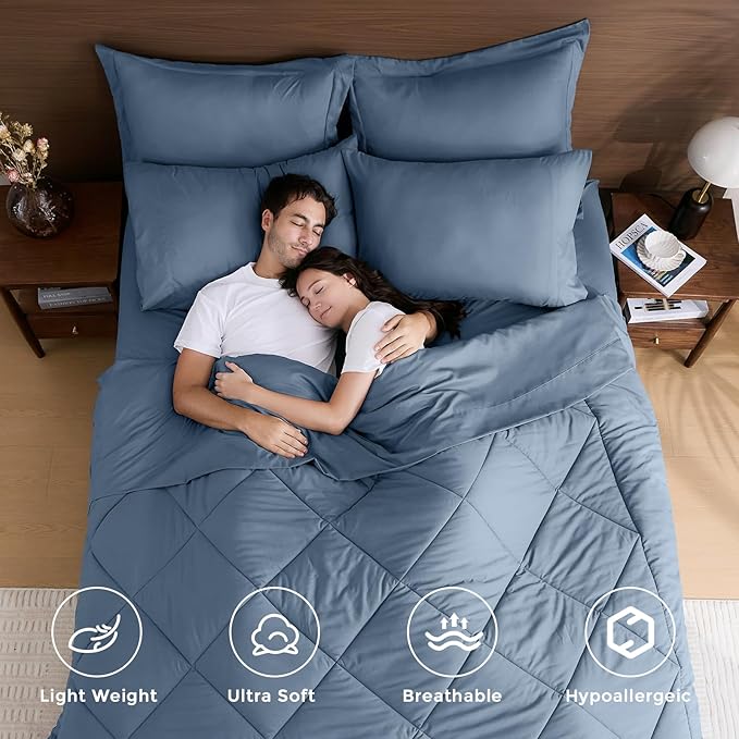 HEVUMYI Dusty Blue Cali-King Comforter Set - 7-Piece All Season Bed in a Bag Cali-King Ultra Soft Bedding Set with Comforter Flat Sheet Fitted Sheet Pillowcases Pillow Shams
