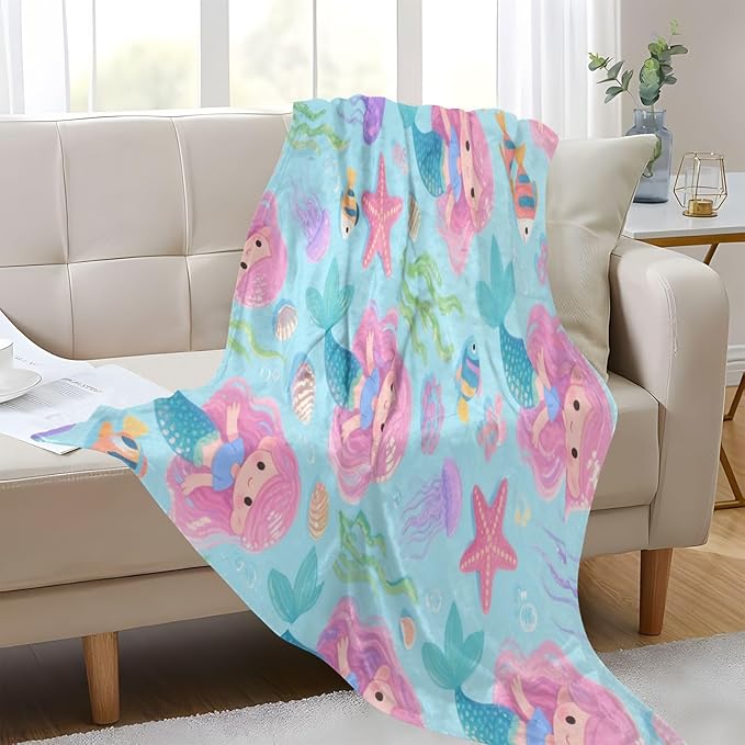 Throw Over Blanket Cute and Cartoonish Pink Mermaid Jellyfish Blanket Throw 50x70 Inches