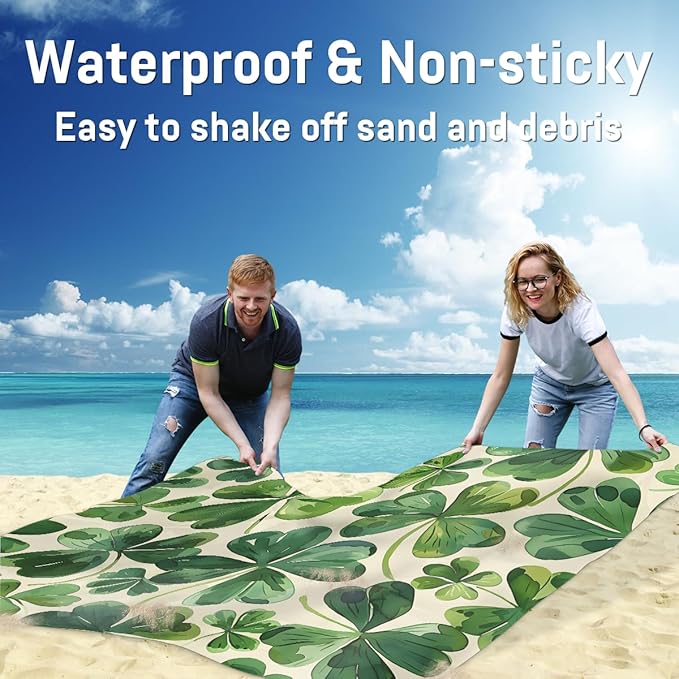 Waterproof Sandproof Beach Blanket 59''×68'' Four-Leaf Clover Polyester Outdoor Picnic Blanket with 4 Stakes &amp Storage Bag for BeachCampingVacation Greener