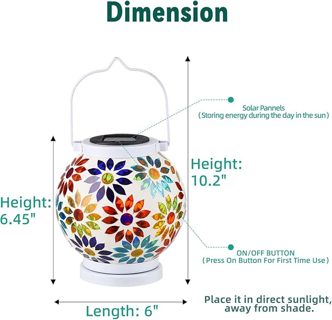 VOREEN Mosaic Solar Lanterns Handmade Outdoor Glass Hanging Lights Waterproof Solar Table Lamps Gift for Mom Wife Friend Decoration for Garden Patio Yard Party Balcony Floral Pattern