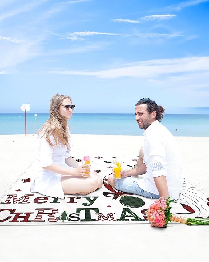 Beach Blanket Waterproof Sandproof Christmas Gnome Winter Snowflakes Quick Drying Beach Mat with 4 Stakes Holly Berries Bell White Back Lightweight Picnic Blanket for Travel Camping Outdoor 83x79