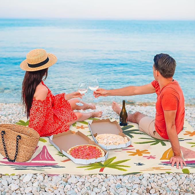 Waterproof Sandproof Beach Blanket 59''×68'' Landscape Sea Polyester Outdoor Picnic Blanket with 4 Stakes &amp Storage Bag for BeachCampingVacation Beige