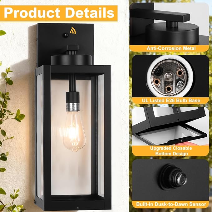 20 Large Dusk to Dawn Outdoor Wall Lantern with Closed Bottom - Black Outdoor Porch Lantern Wall Mounted Waterproof Modern Outside Wall Sconce Coach Lamp for House E26 2 Packs