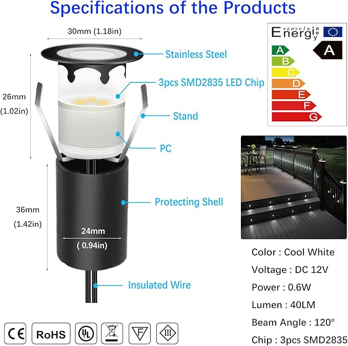 Deck Lights with Photocell and Protecting Shell Cold White Φ1.18in Low Voltage 12V DC IP67 Waterproof Electric Wired Round Recessed LED Outdoor Stair Step Landscape Lighting 16 Pack Black