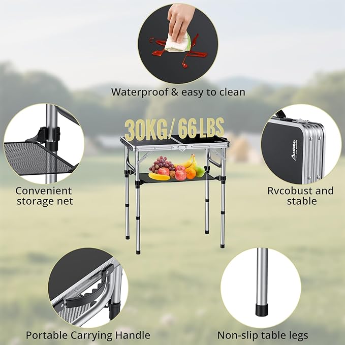 Anbte 2ft Folding Camping Table with Storage Net 3 Adjustable Heights Small Folding Table Portable &amp Lightweight with Carry Handle for Camping Fishing Picnic Beach Outdoor 22.8x 15.7 Silver