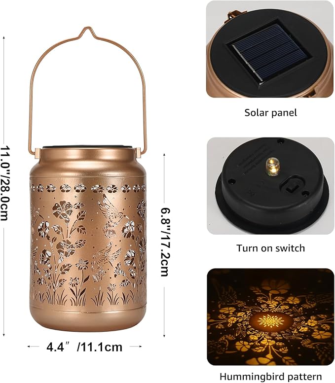Lyeasw Garden Decor Hummingbird Solar Lanterns 7 Inches Waterproof Hanging Lights for Outside Metal Outdoor Decorations for Patio Yard Pathway Birthday Gifts for Women(Bronze)