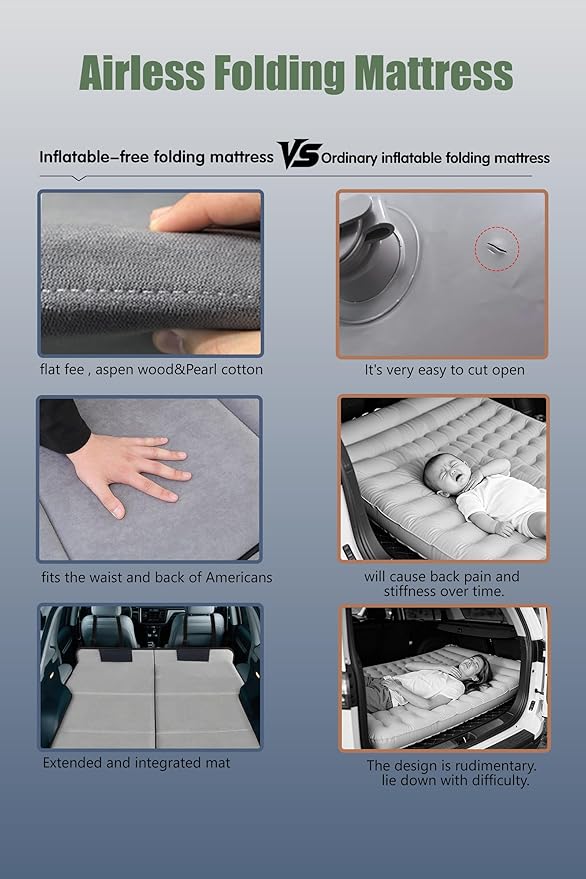 Car Air Mattress Upgrade from Non-Inflatable Foldable Mattress 75.6x51.2 Car Bed with Storage Bag Portable Thickened Sleeping Mattress for Camping Travel Beach Fits Most SUVs (Gray)