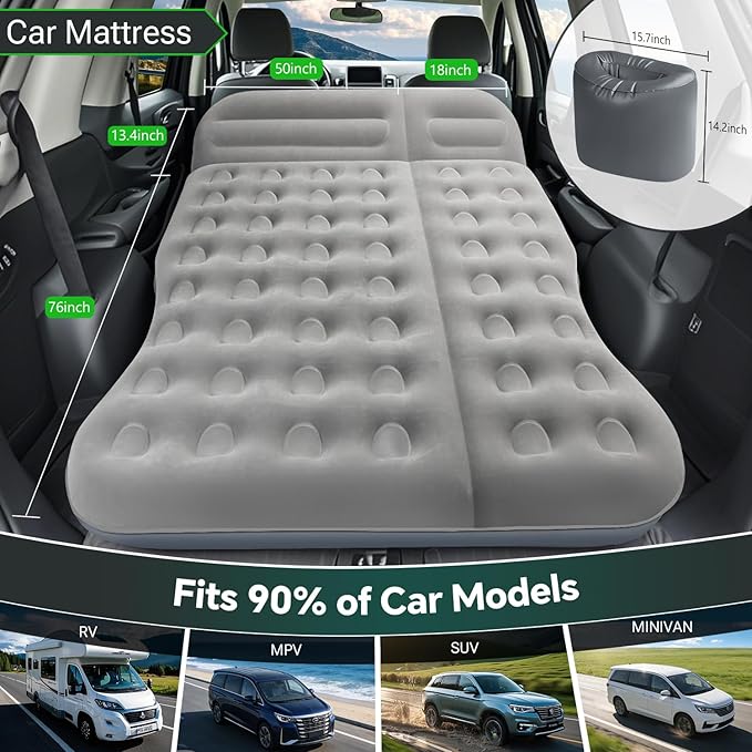 SUV Air MattressThickened Flocked Camping Bed for CarIncludes Electric Pump &amp 2 Foot PedalsPortable Inflatable car Mattress (Gray)