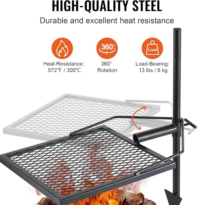 VEVOR Swivel Campfire Grill Fire Pit Grill Grate over Fire Pits Heavy Duty Steel Grill Grates 360° Adjustable Open Fire Outdoor Cooking Equipment Portable Camp Fire Racks for Camping Outdoor BBQ