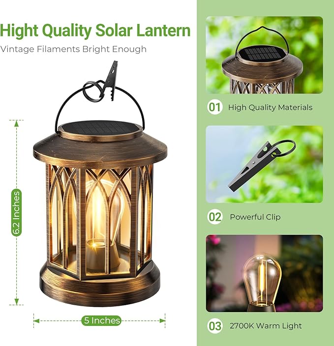 WdtPro Solar Lanterns Outdoor Lights 4 Pack Bright Lanterns Outdoor Waterproof with Clip Patio Decor Hanging Solar Lights for Outside Garden Yard Front Porch Table Decoration (Antique Copper)