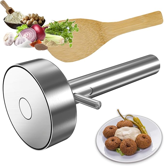 Falafel Scoop With Hole Stainless Steel Professional Falafel Maker Tool Scoop with Spatula Food Safe and Non-Sticky Stainless-Steel Donuts Sharp Syrian Felafel Maker Mold
