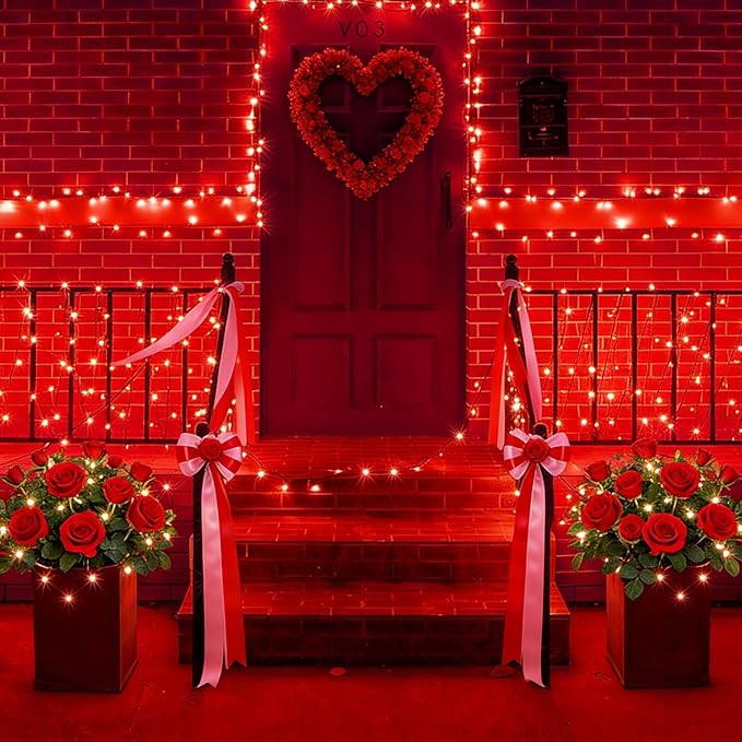 YEGUO Valentine’s Day String Lights Battery Operated 2 Pack Each 33ft 100 LED Red Christmas Lights Outdoor Waterproof Green Wire Fairy Light Indoor with Remote