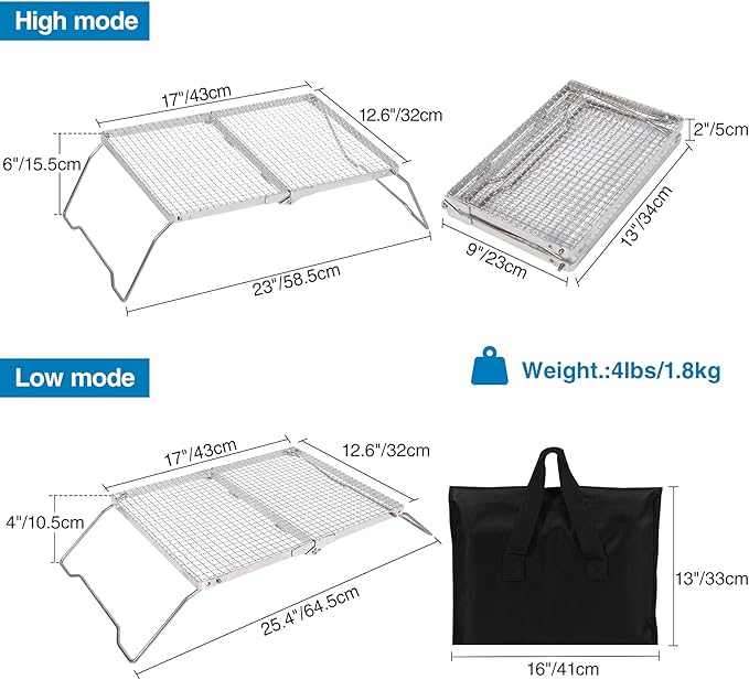REDCAMP 17 Large Folding Campfire Grill with Mesh 304 Stainless Steel Grate Heavy Duty Portable Camping Grill with Carrying Bag for Outdoor Cooking BBQ