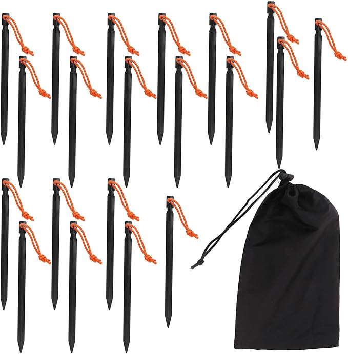 20pcs Tent Stakes 7075 Camping Aluminum Alloy 9in Tent Pegs Heavy Duty Tent Peg with Ropes for Outdoor Camping Canopy(Black)