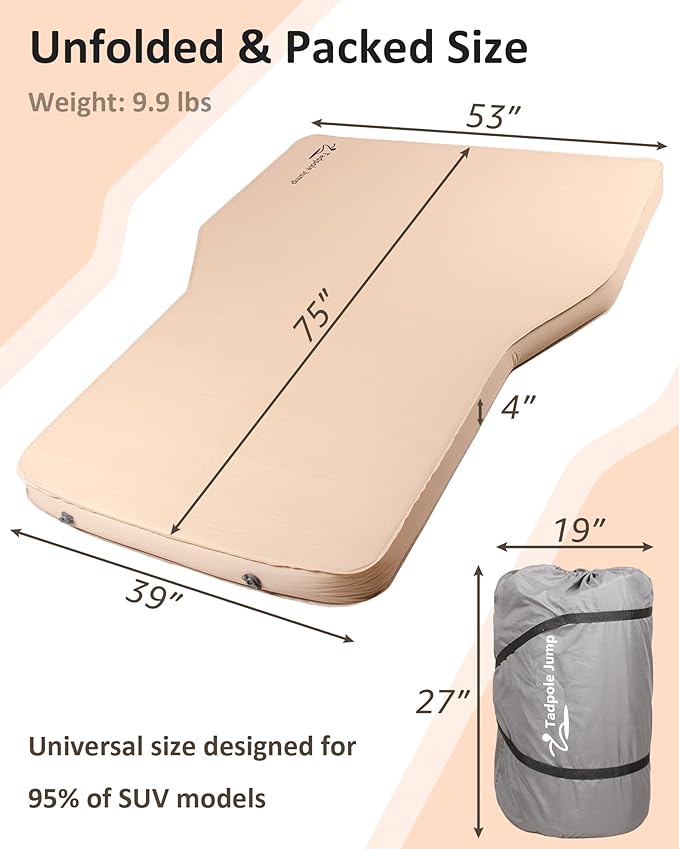 Self-Inflating Camping Mattress for Tesla Model Y &amp SUV 4 Thick Foam Sleeping Pad with 9.3 R-Value 600lbs Max Weight Portable Air Pump Included for Travel Road Trip &amp Camping
