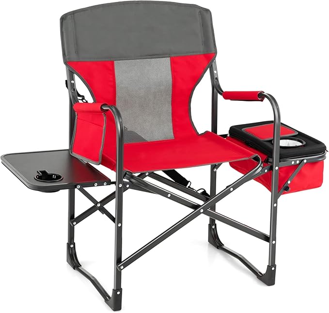 Tangkula Camping Chairs Folding Camp Chair with Side Table Cooler Bag Portable Outside Padded Lawn Chair for Travel Picnic Fishing Heavy Duty Oversized Director Chair for Adults Supports 400lbs