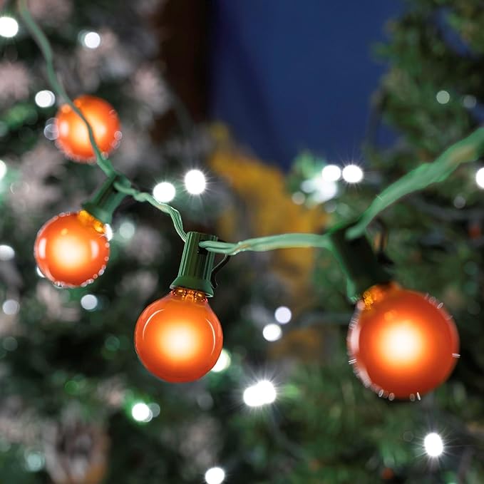 25 Foot G30 Outdoor Patio String Lights with 25 Orange Globe Bulbs – Indoor Outdoor String Lights – Market Bistro Café Hanging String Lights – C7/E12 Base - Green Wire