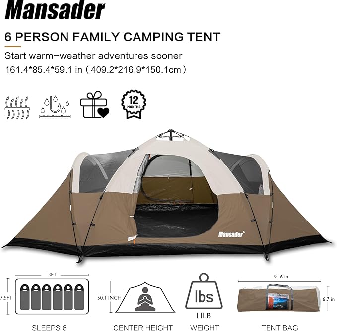 6 Person Family Camping TentWaterproof Windproof with Top RainflyEasy Set UpPop Up Tent for Outdoor Camping Hiking Trave