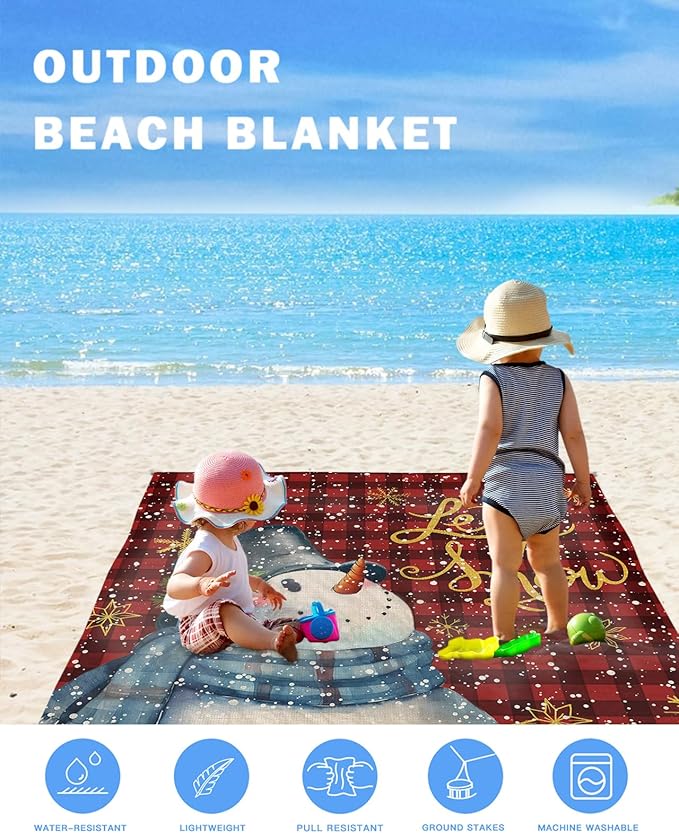 Beach Blanket Waterproof Sandproof OversizedChristmas Snowman Snow Quote Beach Mat with Corner Stakes Sand PocketsRed Black Buffalo Plaid Outdoor Picnic Mat for Travel Camping Hiking 95x80In