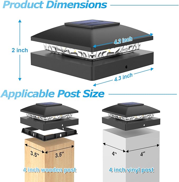 VOLISUN 4x4 Solar Post Cap Light 12packSolar Fence - Post Lights Outdoor Waterproof for Wooden/Vinyl PostBlack Deck Post Cap Light Solar Powered with Warm White for Garden/Patio/Porch