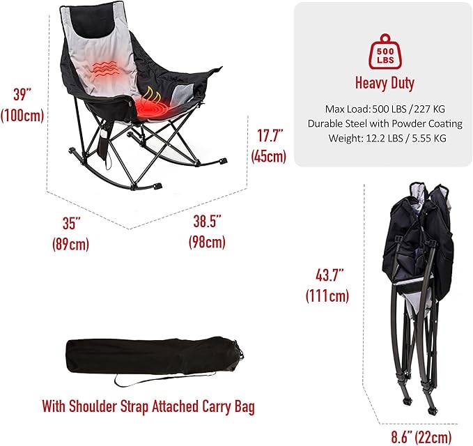 SUNNYFEEL Heated Rocking Camping Chair | Fully Padded Patio Chairs | Heating Camp Rocker Chairs for Outdoor Sports with Back and Seat Heating | Heated Folding Chair for Adults Heavy Duty 500lbs